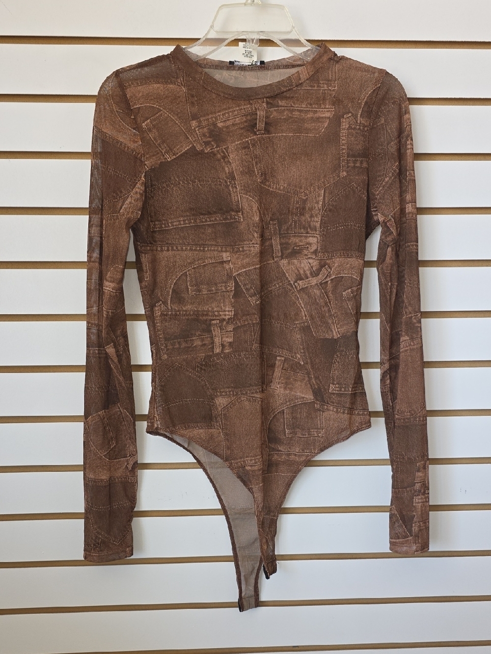 Mesh Denim Print Long Sleeve Bodysuit